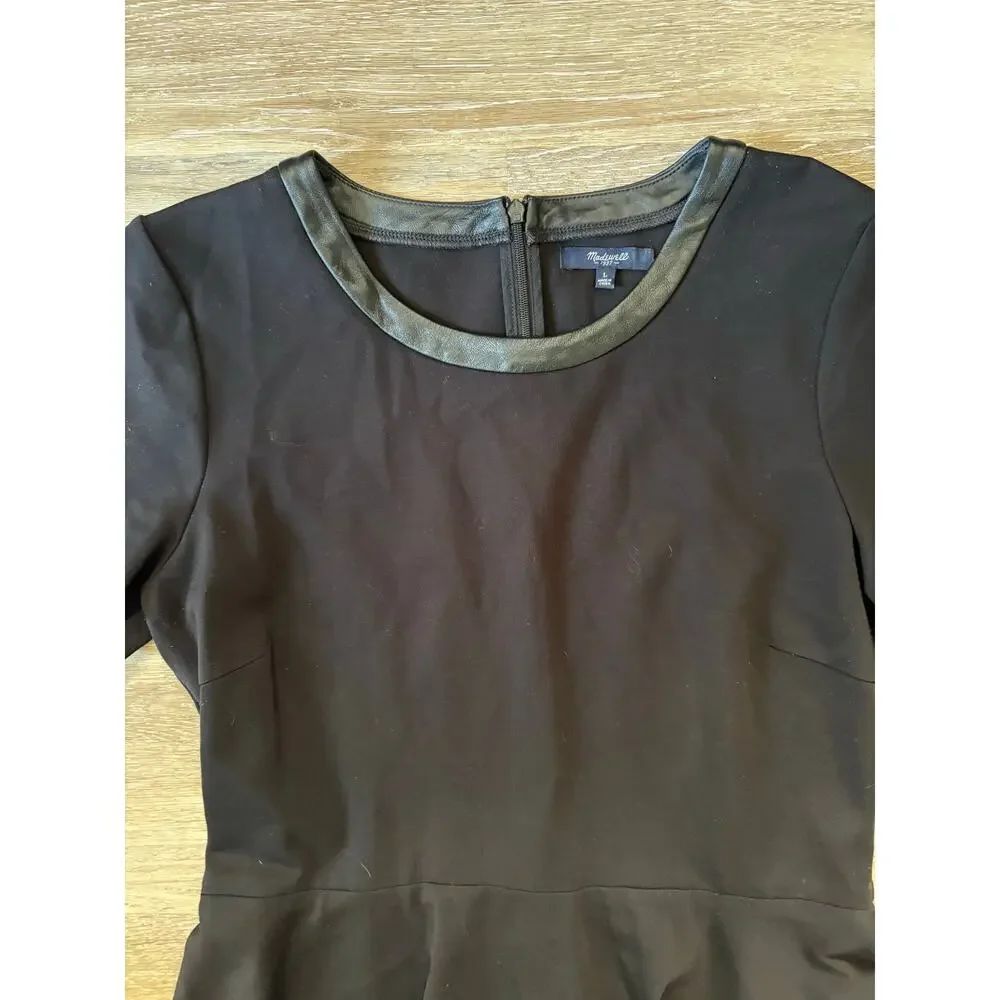 Madewell fit and flare black knit dress w/ a leather trim neckline